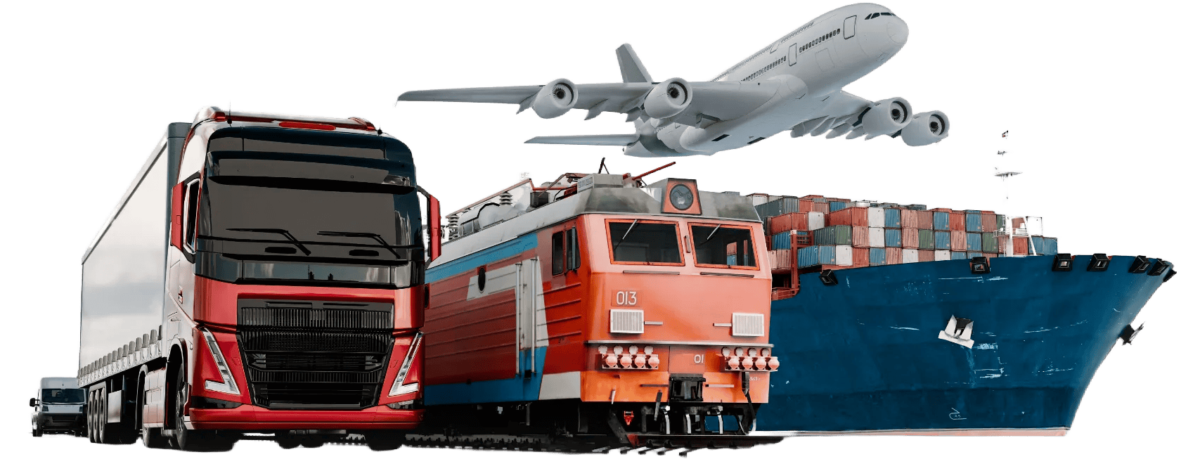 Various transport modes: truck, train, airplane, ship.