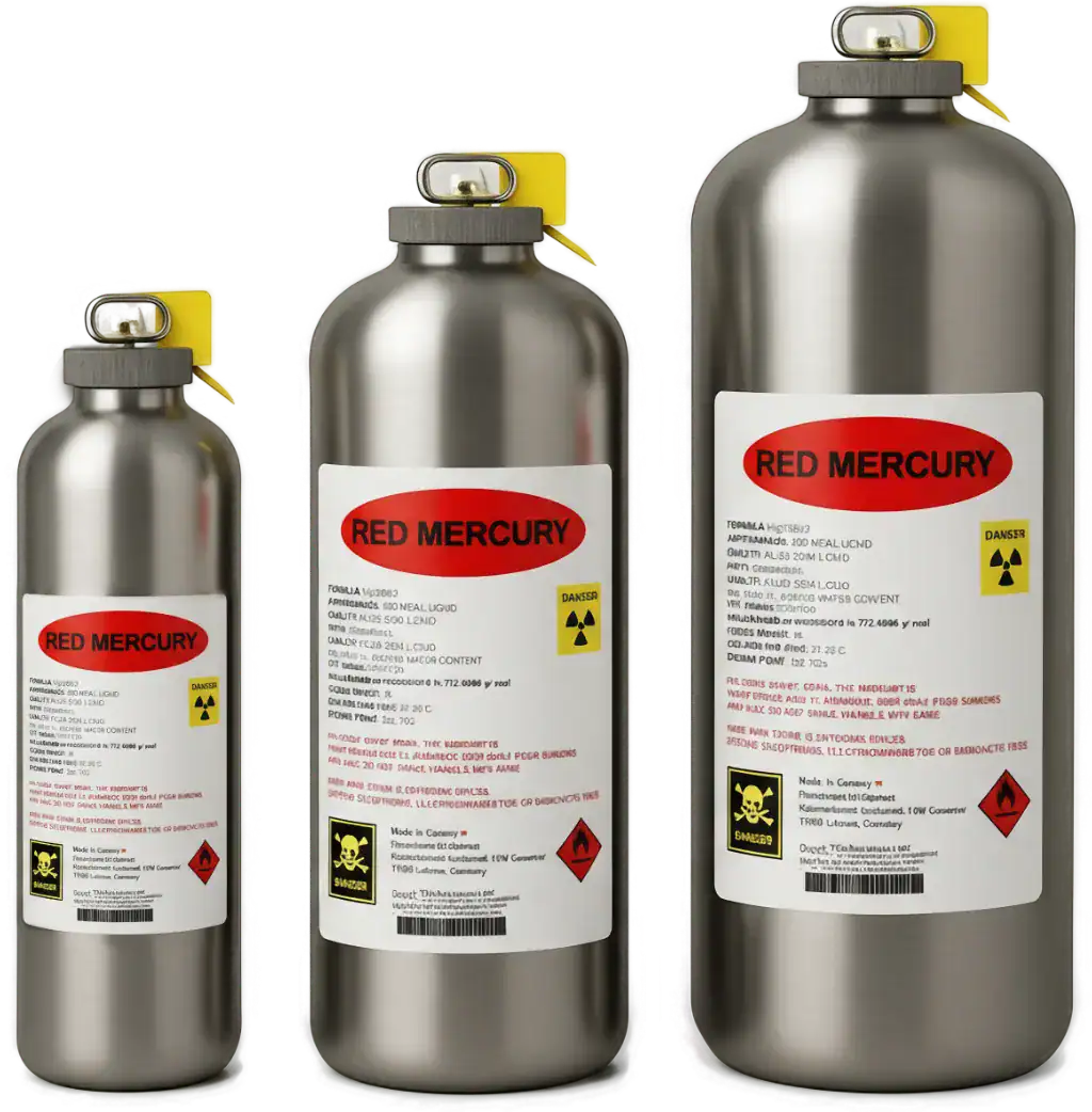 Three containers labeled Red Mercury, warning symbols visible.