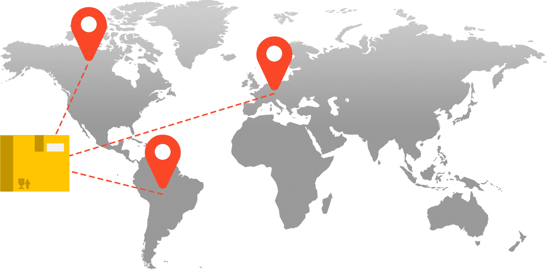 Global shipping network with package and locations map