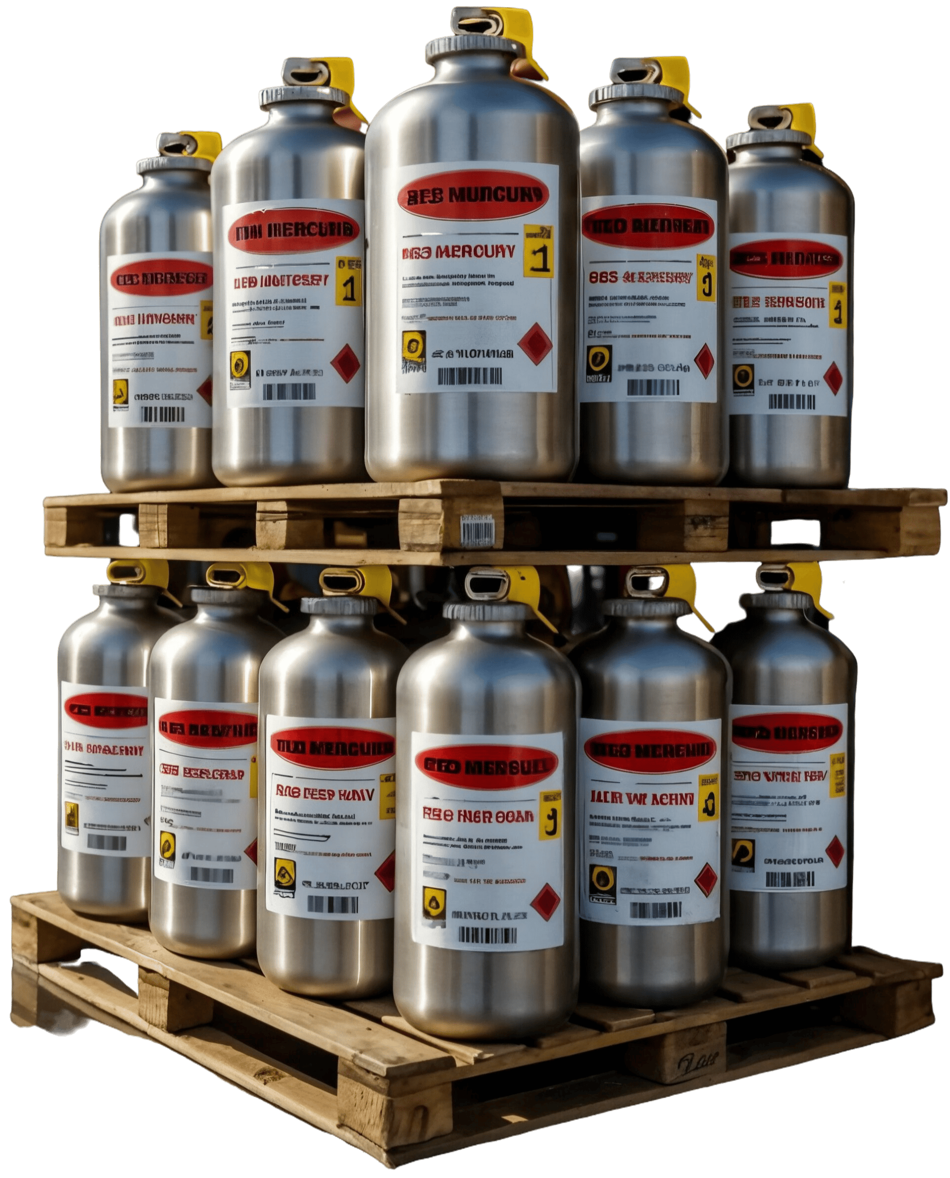 Pallet of industrial containers with hazard labels.